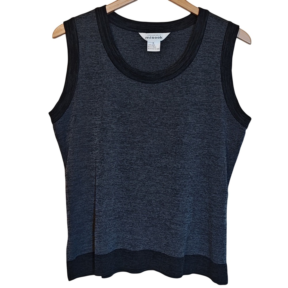 Misook Knit Shell Tank Top Women LG Gray Black Space Dye Scoop Neck Sleeveless